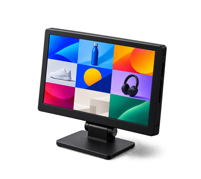 Field monitor on a black stand showing a grid of colourful product frames
