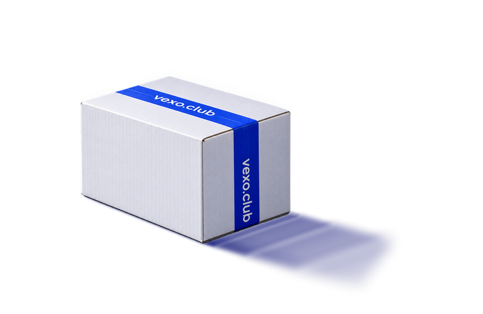 White PR box with a blue band printed vexo.club