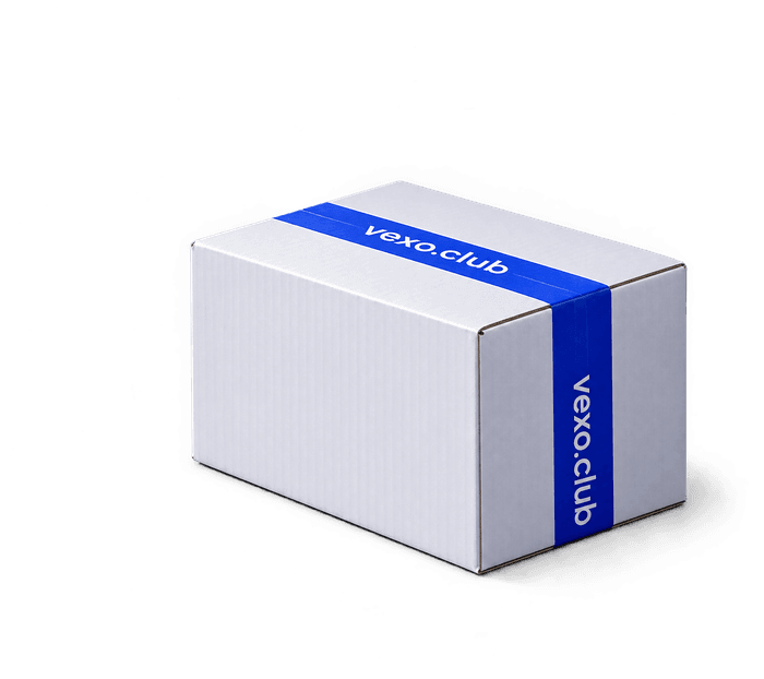 White PR box with a blue band printed vexo.club